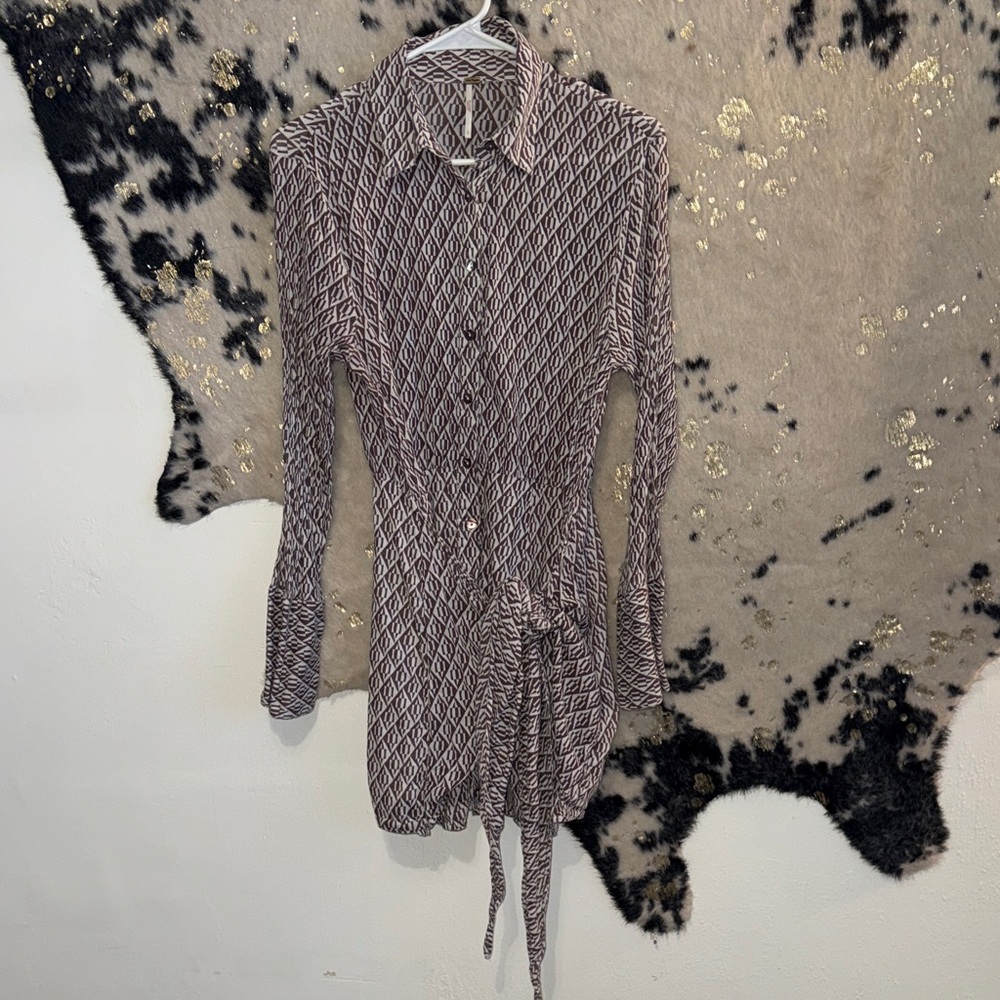 Free People Long Sleeve Diamond Pattern Dress - Black and White
